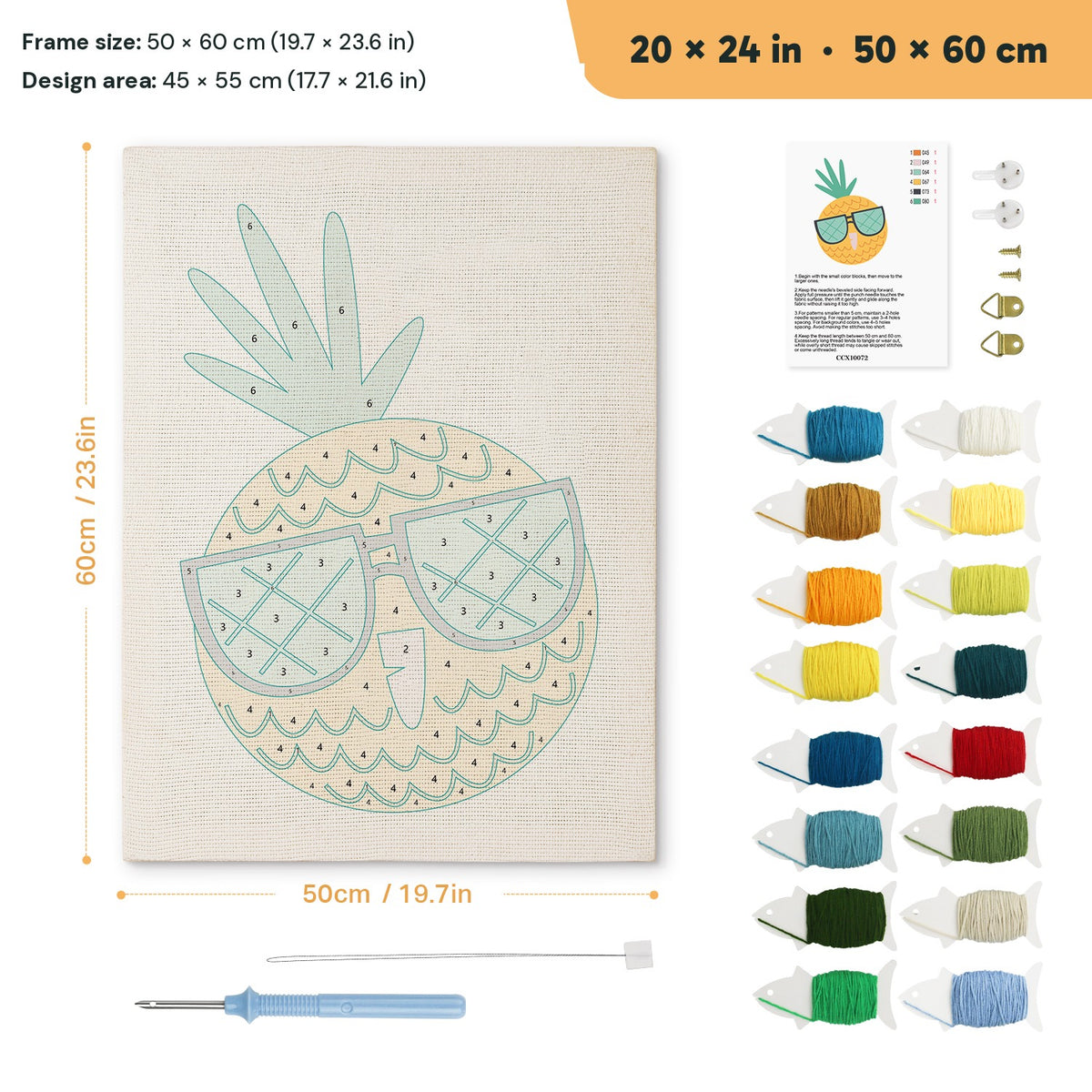 Sunglasses Pineapple punch needle kit, 20 × 24 in (50 × 60 cm): canvas size and kit contents