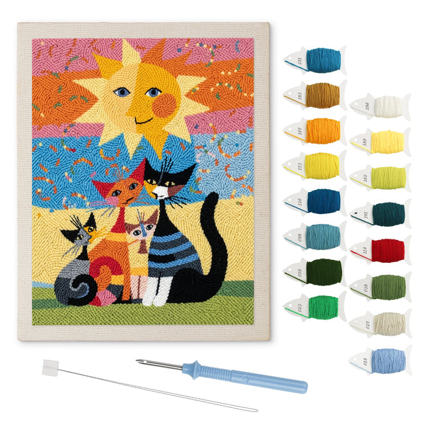 Sunny Cat Family punch needle kit: finished canvas with threads, punch needle and threader