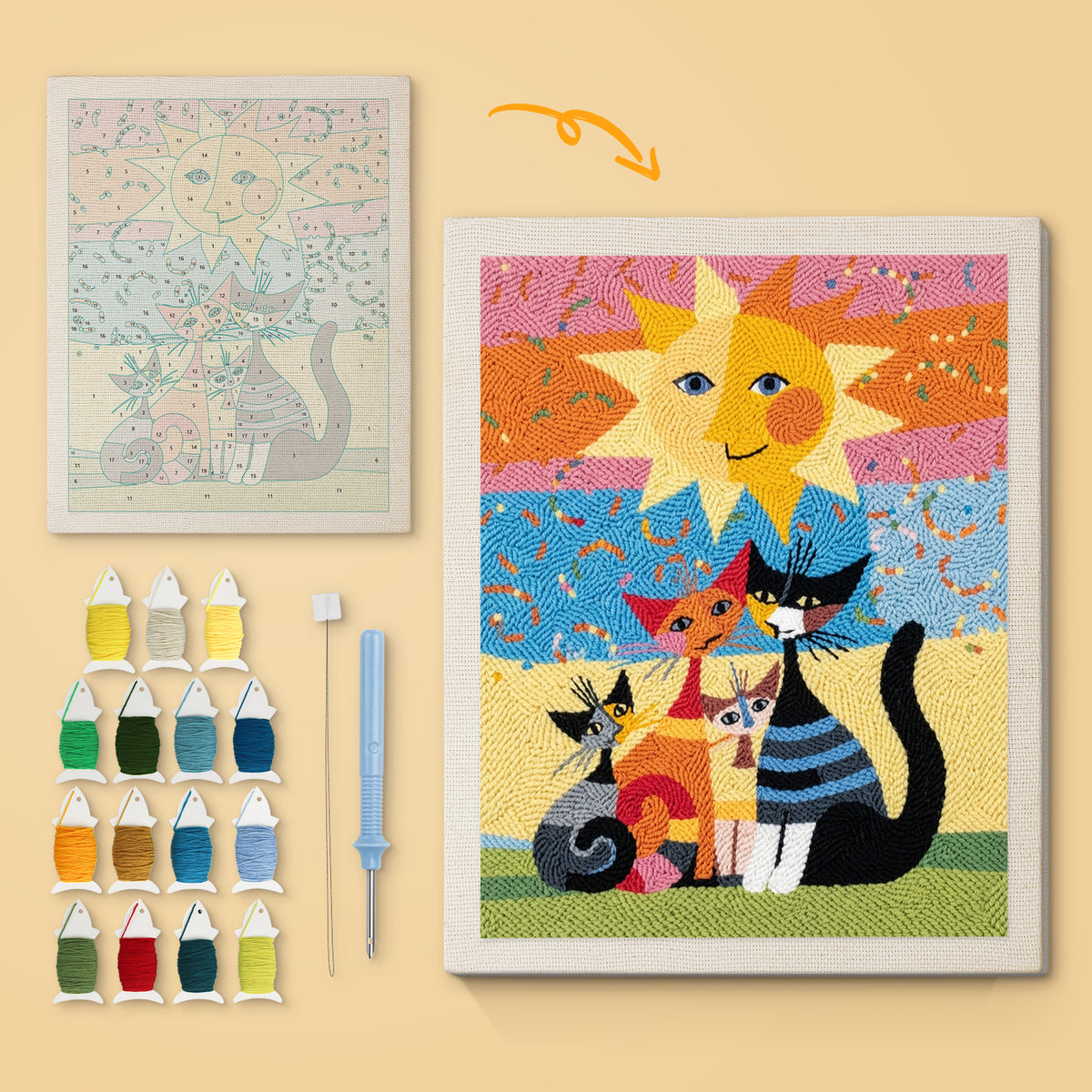 Sunny Cat Family canvas before and after punching, with the threads and tools