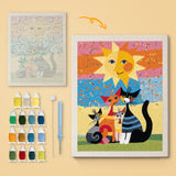Sunny Cat Family canvas before and after punching, with the threads and tools