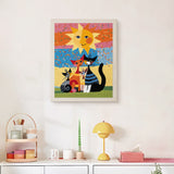 Finished Sunny Cat Family punch needle canvas on a wall