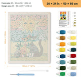 Sunny Cat Family punch needle kit, 20 × 24 in (50 × 60 cm): canvas size and kit contents