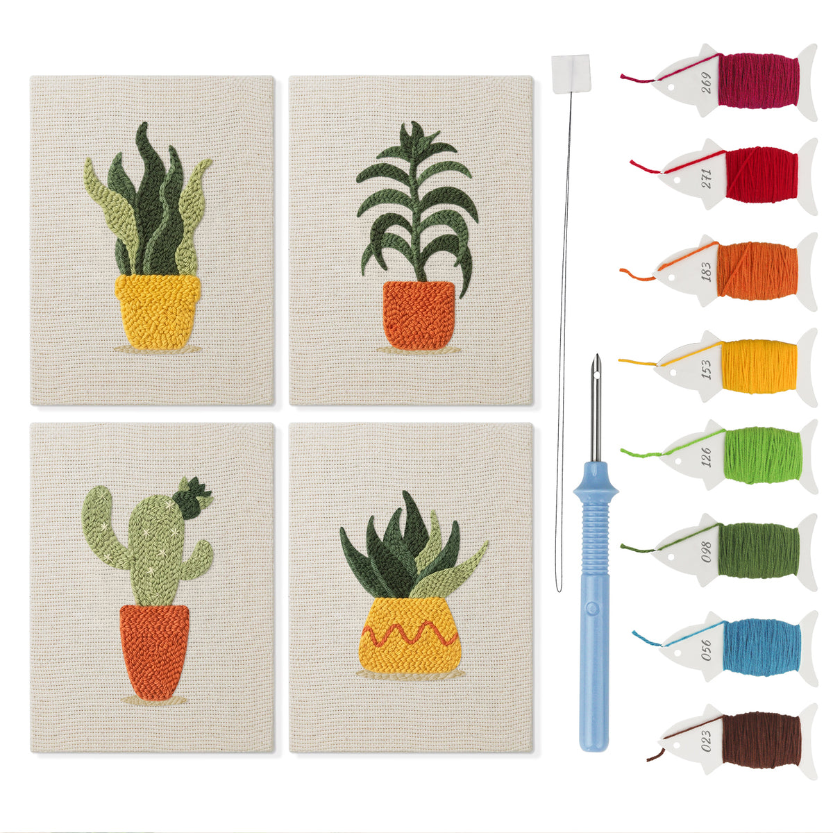 Sunny Pot Houseplants mini punch needle kit set: four finished canvases with threads, punch needle and threader