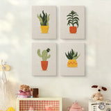The four Sunny Pot Houseplants mini canvases on a wall above a shelf