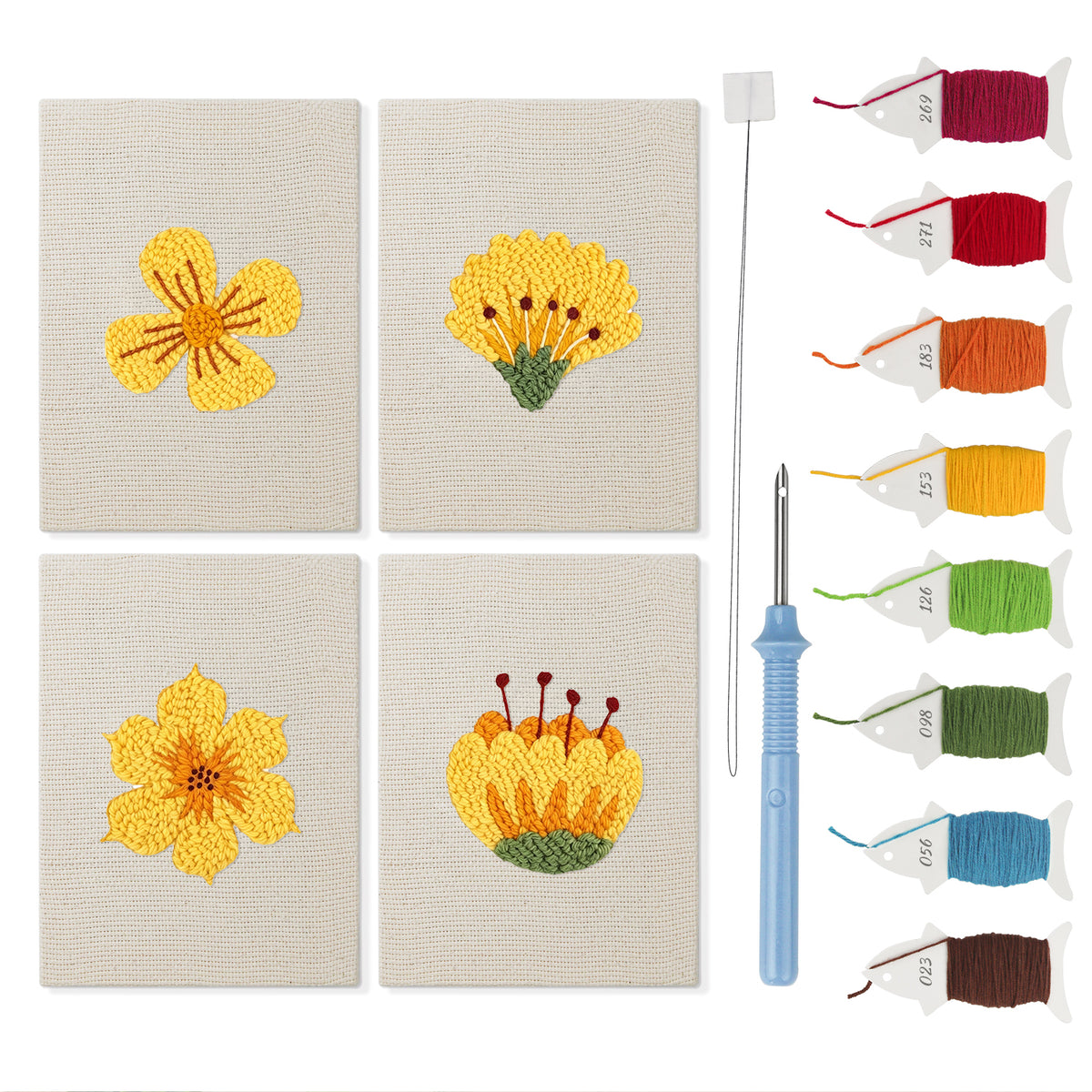 Sunny Yellow Blooms mini punch needle kit set: four finished canvases with threads, punch needle and threader