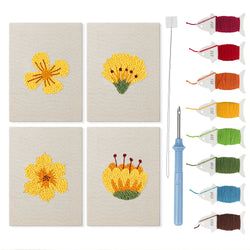 Sunny Yellow Blooms mini punch needle kit set: four finished canvases with threads, punch needle and threader