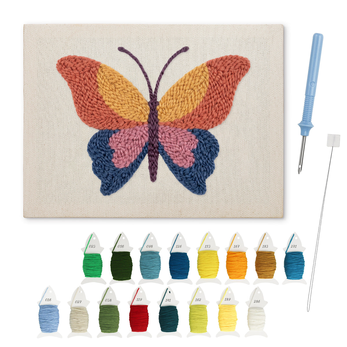Sunset Butterfly punch needle kit: finished canvas with threads, punch needle and threader