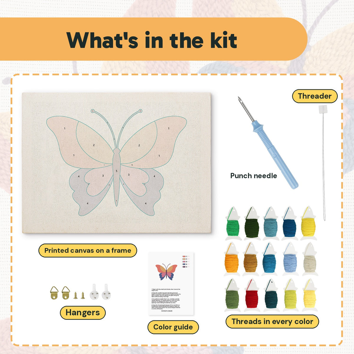 What is in the Sunset Butterfly kit: printed canvas, punch needle, threader, threads, color guide and hangers