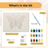 What is in the Sunset Butterfly kit: printed canvas, punch needle, threader, threads, color guide and hangers