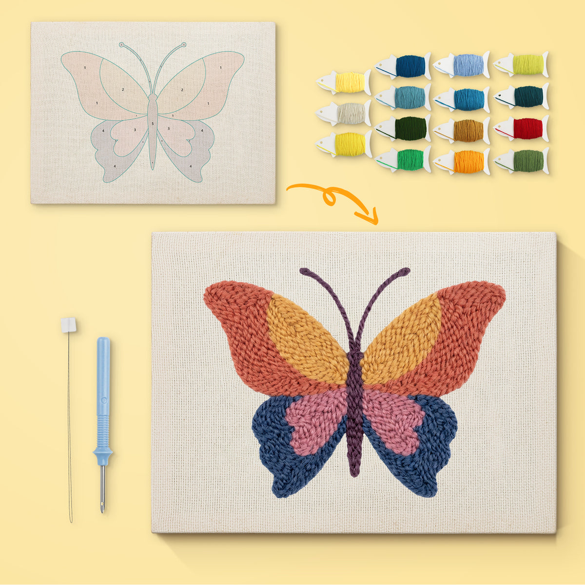 Sunset Butterfly canvas before and after punching, with the threads and tools