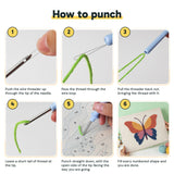 Six steps showing how to thread and use the punch needle