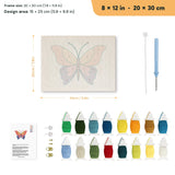 Sunset Butterfly punch needle kit, 8 × 12 in (20 × 30 cm): canvas size and kit contents