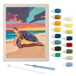 Sunset Sea Turtle punch needle kit: finished canvas with threads, punch needle and threader