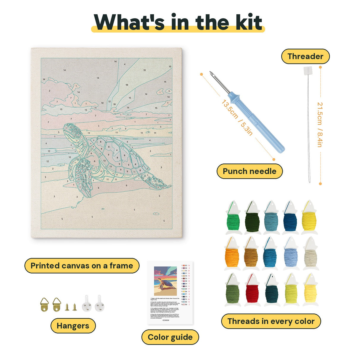 What is in the Sunset Sea Turtle kit: printed canvas, punch needle, threader, threads, color guide and hangers