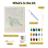 What is in the Sunset Sea Turtle kit: printed canvas, punch needle, threader, threads, color guide and hangers
