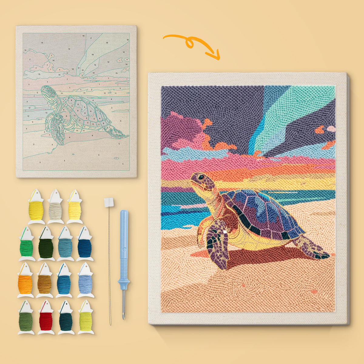 Sunset Sea Turtle canvas before and after punching, with the threads and tools