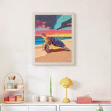 Finished Sunset Sea Turtle punch needle canvas on a wall