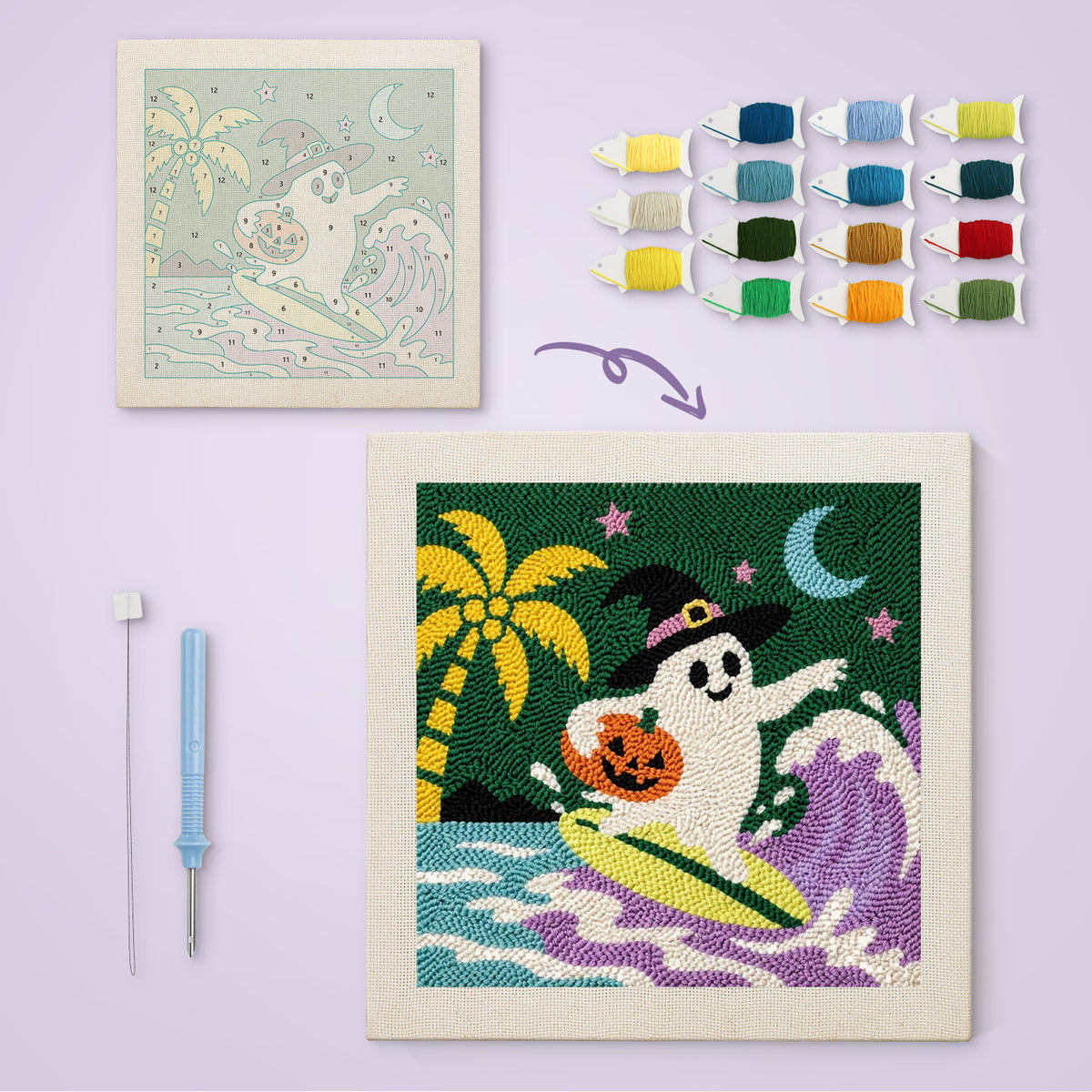 Surfing Ghost canvas before and after punching, with the threads and tools