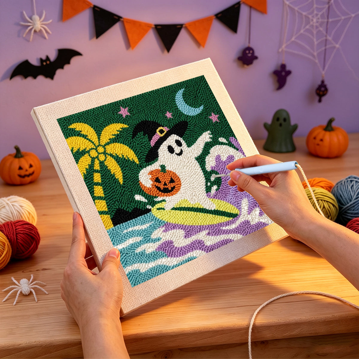 Punching the Surfing Ghost design with the punch needle