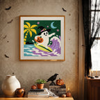 Finished Surfing Ghost punch needle canvas on a wall