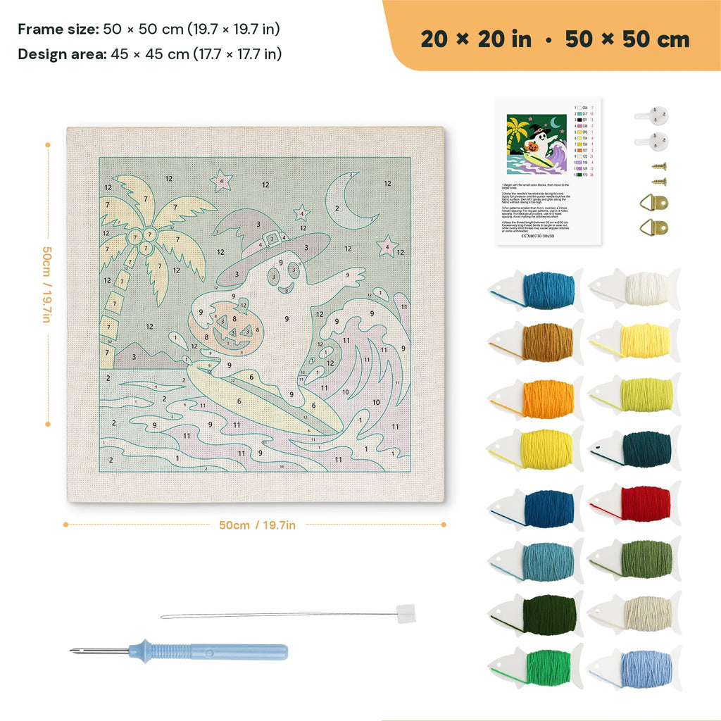 Surfing Ghost punch needle kit, 20 × 20 in (50 × 50 cm): canvas size and kit contents