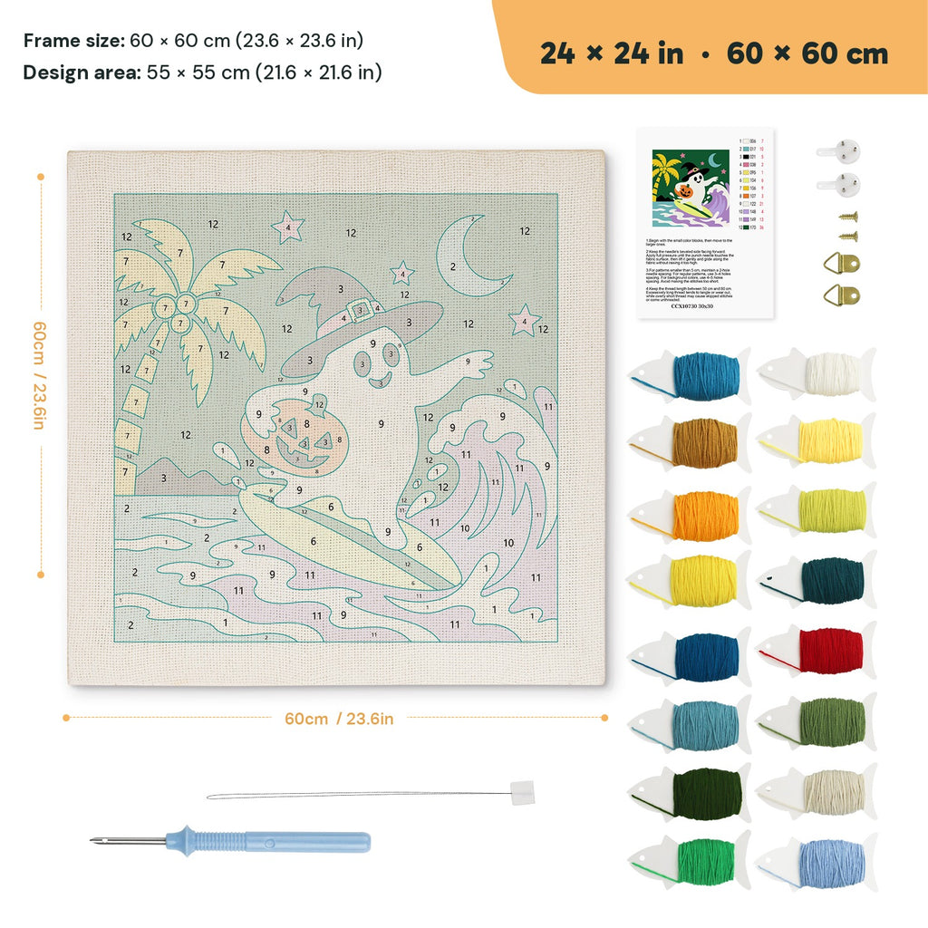 Surfing Ghost punch needle kit, 24 × 24 in (60 × 60 cm): canvas size and kit contents