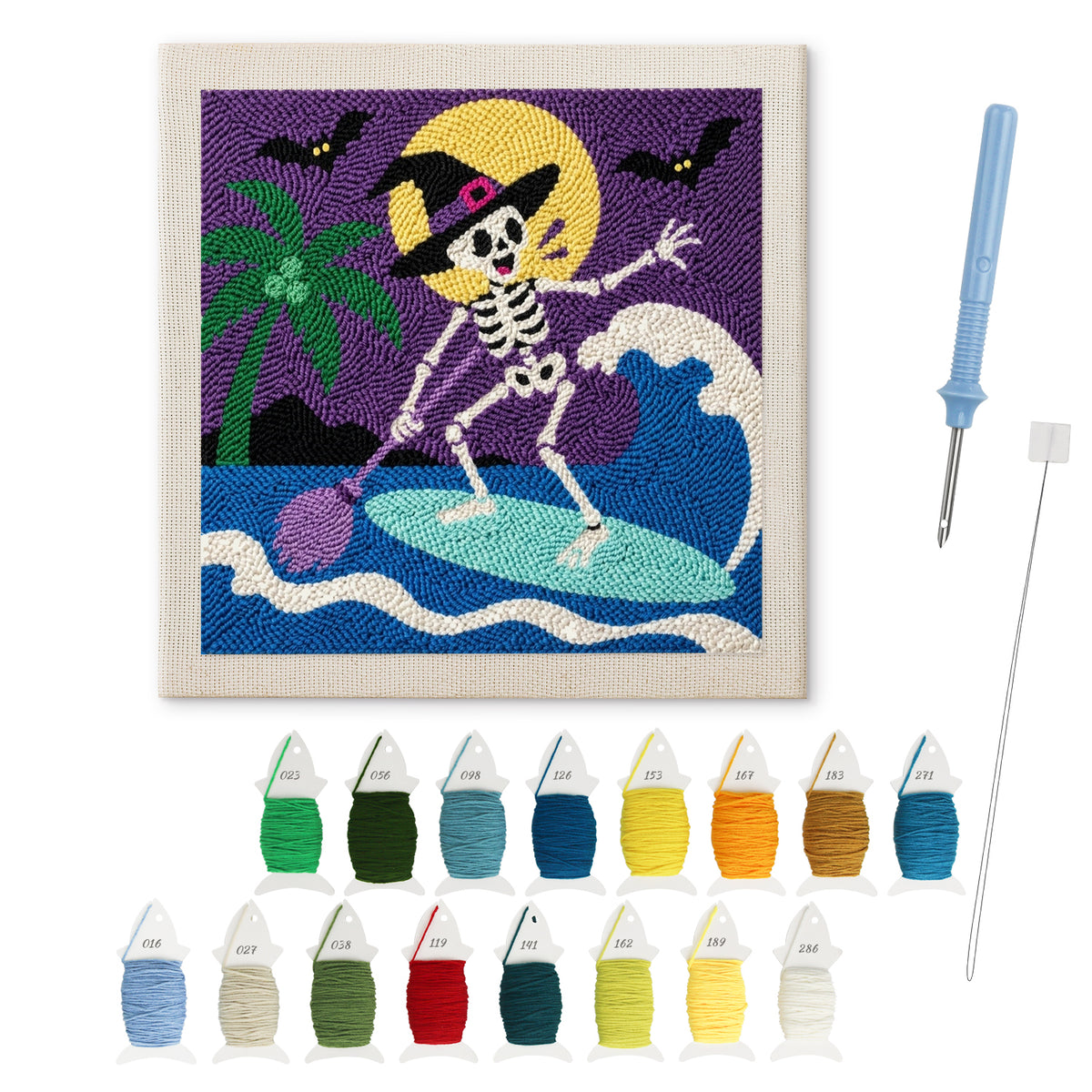 Surfing Skeleton punch needle kit: finished canvas with threads, punch needle and threader