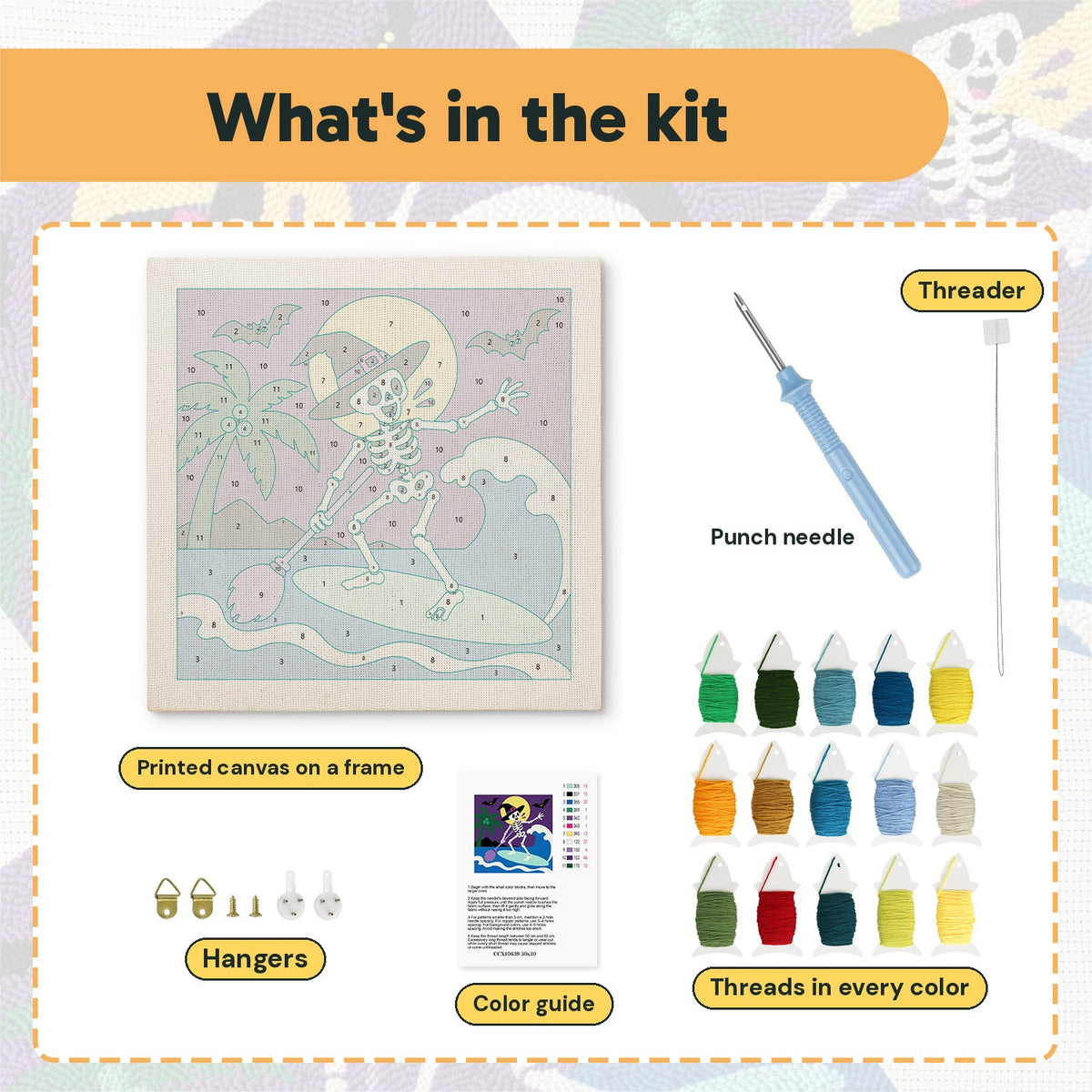 What is in the Surfing Skeleton kit: printed canvas, punch needle, threader, threads, color guide and hangers