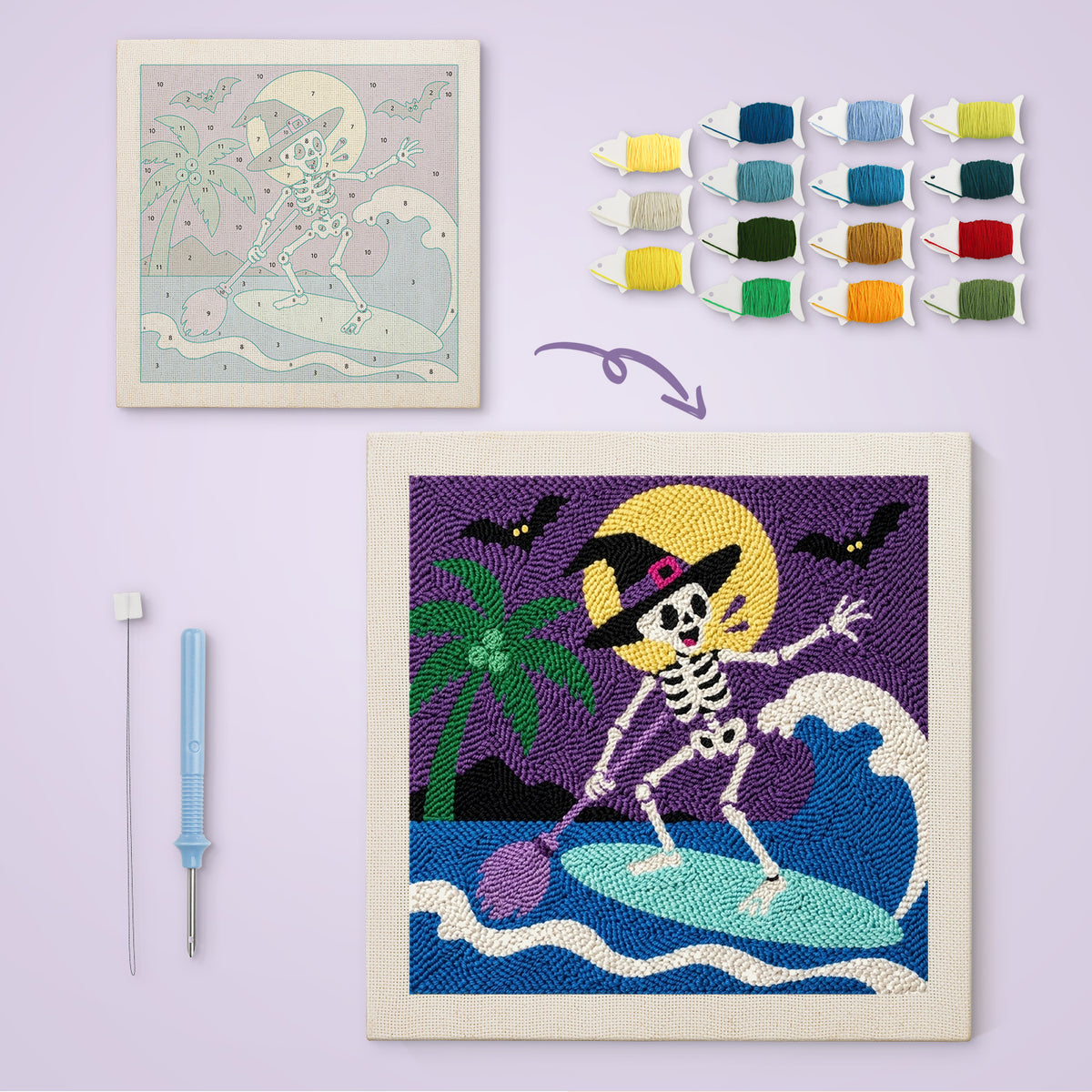 Surfing Skeleton canvas before and after punching, with the threads and tools