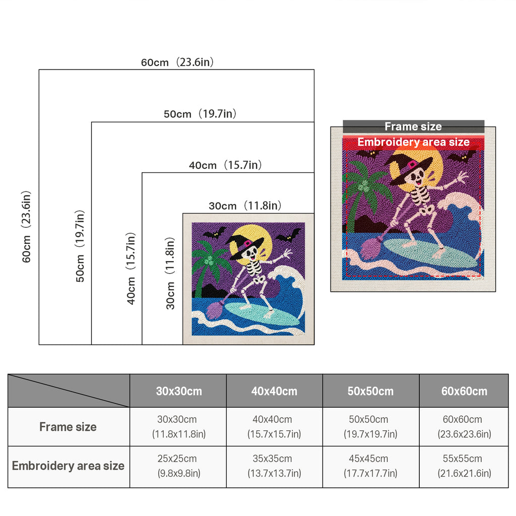Size chart for square punch needle kits from 30 x 30 cm to 60 x 60 cm