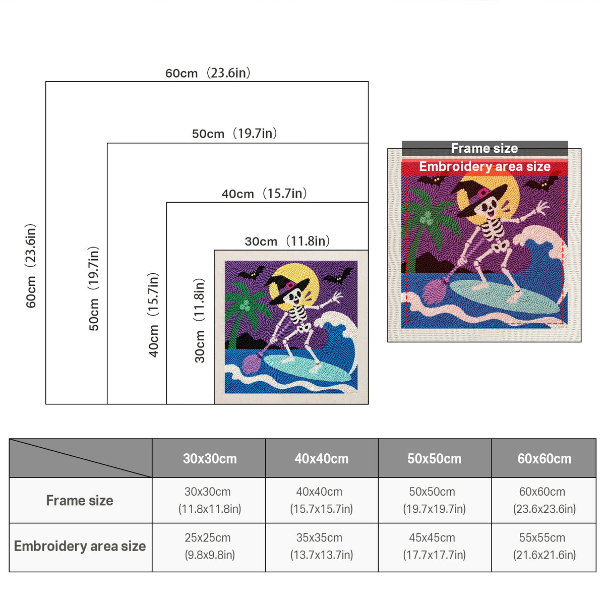 Size chart for square punch needle kits from 30 x 30 cm to 60 x 60 cm