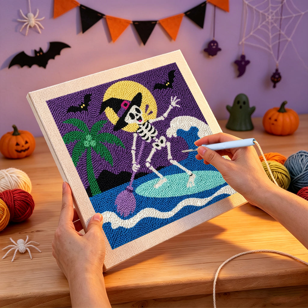 Punching the Surfing Skeleton design with the punch needle
