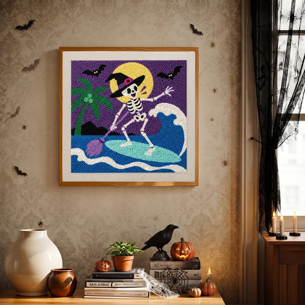 Finished Surfing Skeleton punch needle canvas on a wall