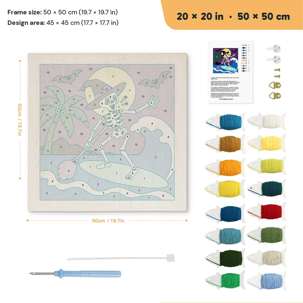 Surfing Skeleton punch needle kit, 20 × 20 in (50 × 50 cm): canvas size and kit contents