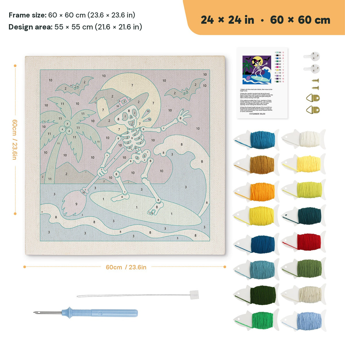 Surfing Skeleton punch needle kit, 24 × 24 in (60 × 60 cm): canvas size and kit contents