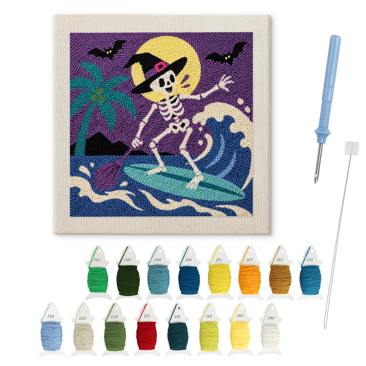 Surfing Skeleton Witch punch needle kit: finished canvas with threads, punch needle and threader