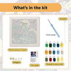 What is in the Surfing Skeleton Witch kit: printed canvas, punch needle, threader, threads, color guide and hangers