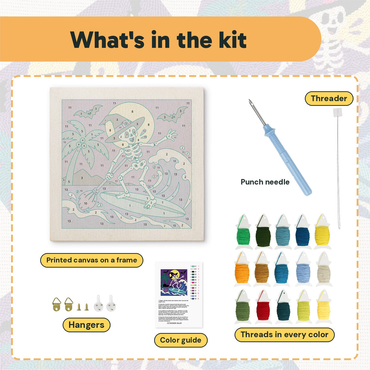 What is in the Surfing Skeleton Witch kit: printed canvas, punch needle, threader, threads, color guide and hangers