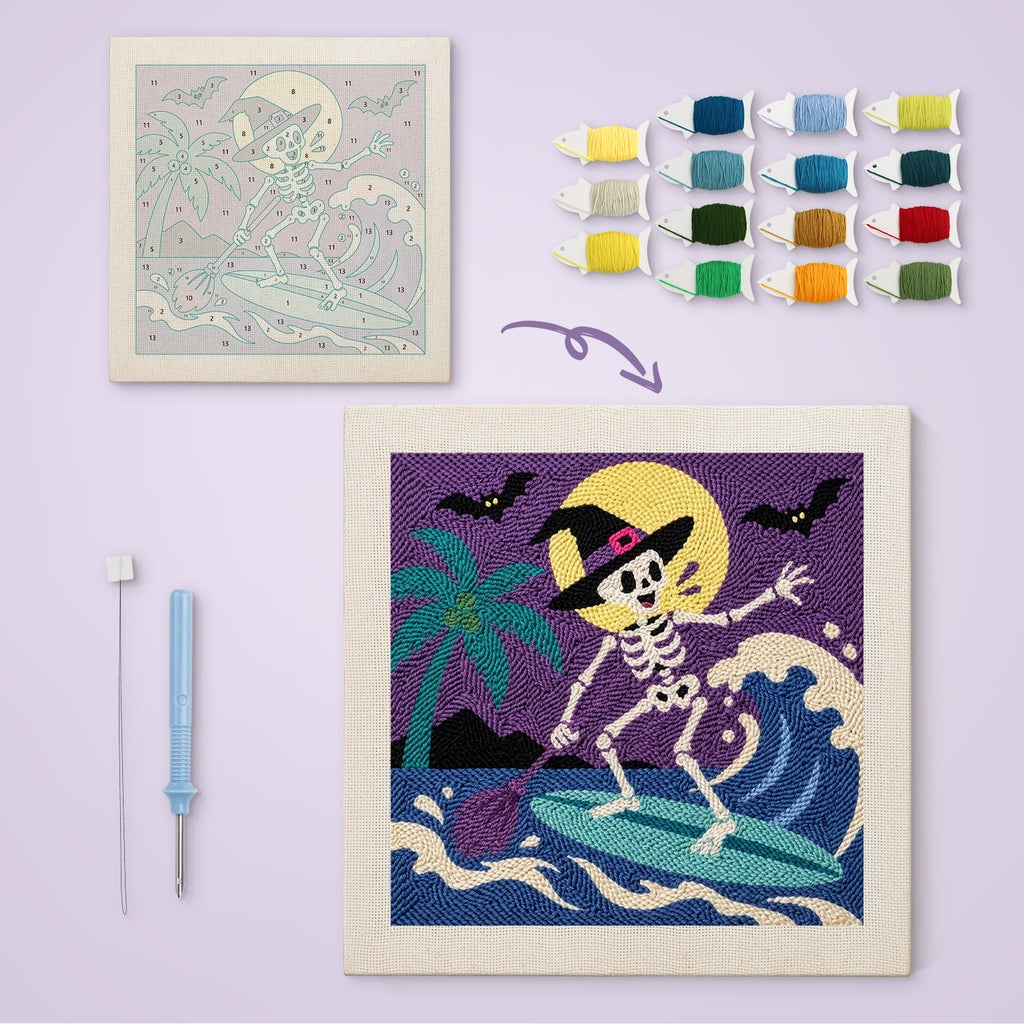 Surfing Skeleton Witch canvas before and after punching, with the threads and tools