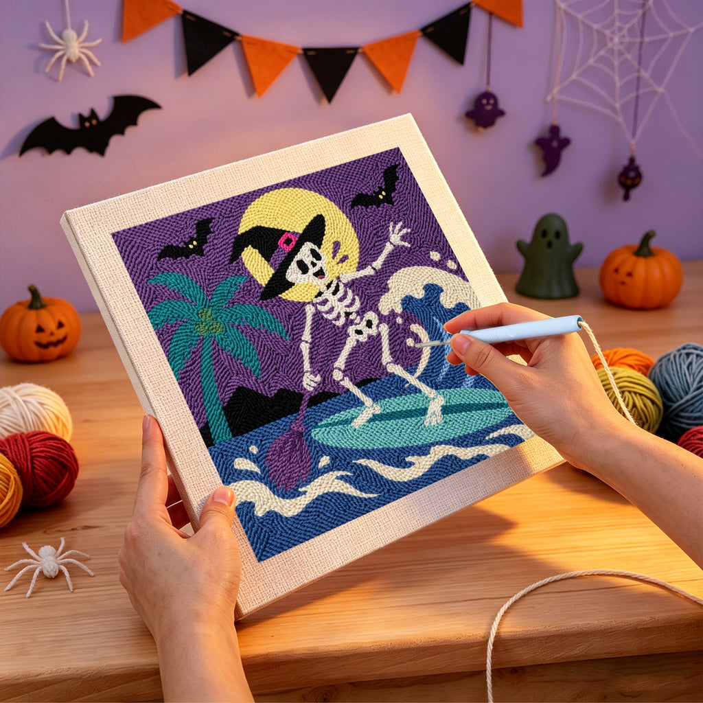 Punching the Surfing Skeleton Witch design with the punch needle