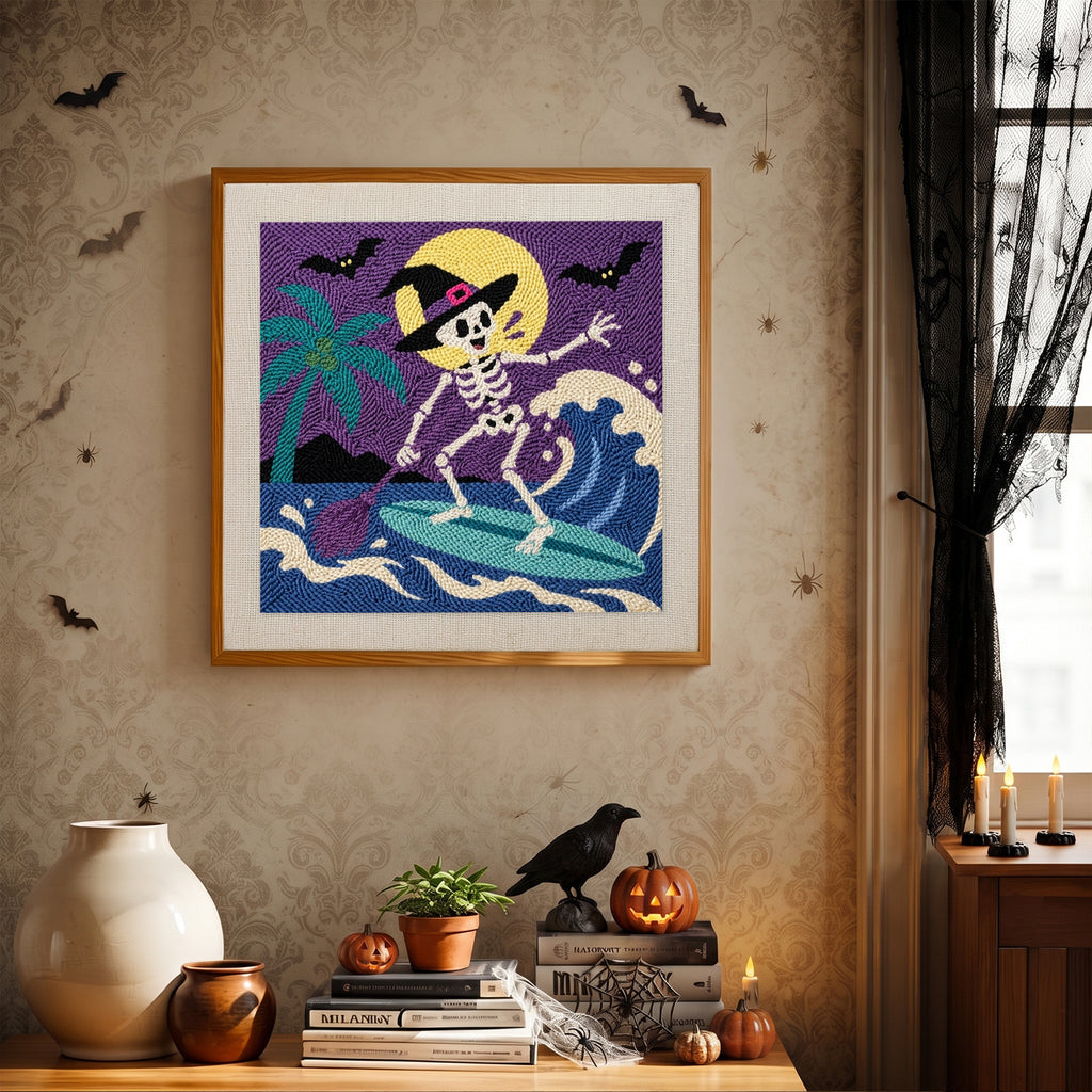 Finished Surfing Skeleton Witch punch needle canvas on a wall