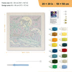 Surfing Skeleton Witch punch needle kit, 20 × 20 in (50 × 50 cm): canvas size and kit contents