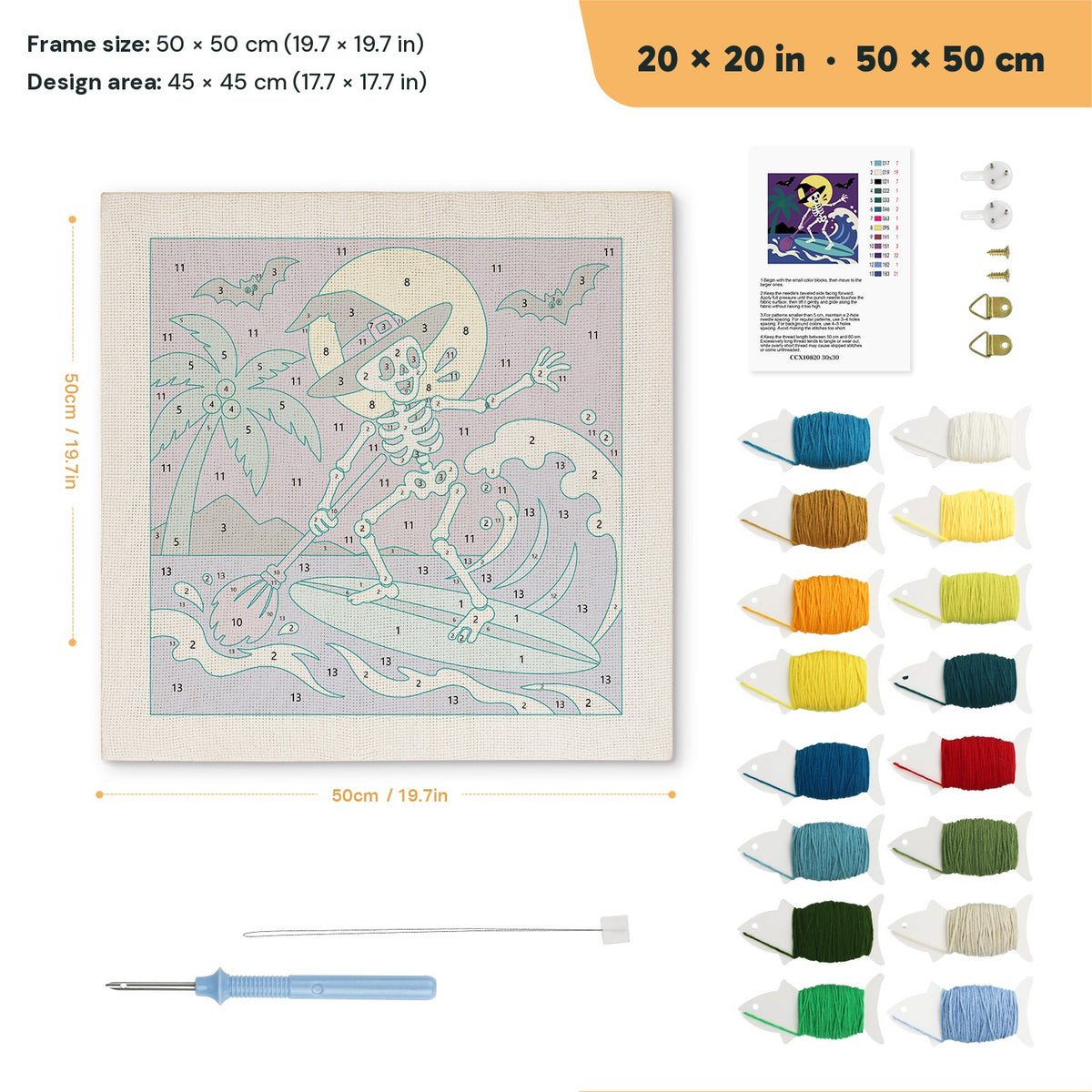 Surfing Skeleton Witch punch needle kit, 20 × 20 in (50 × 50 cm): canvas size and kit contents