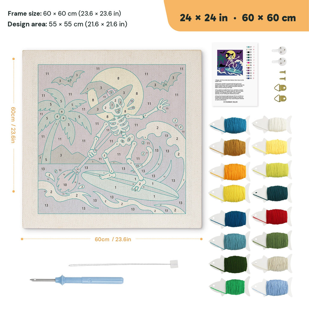 Surfing Skeleton Witch punch needle kit, 24 × 24 in (60 × 60 cm): canvas size and kit contents