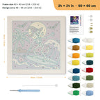 Surfing Skeleton Witch punch needle kit, 24 × 24 in (60 × 60 cm): canvas size and kit contents