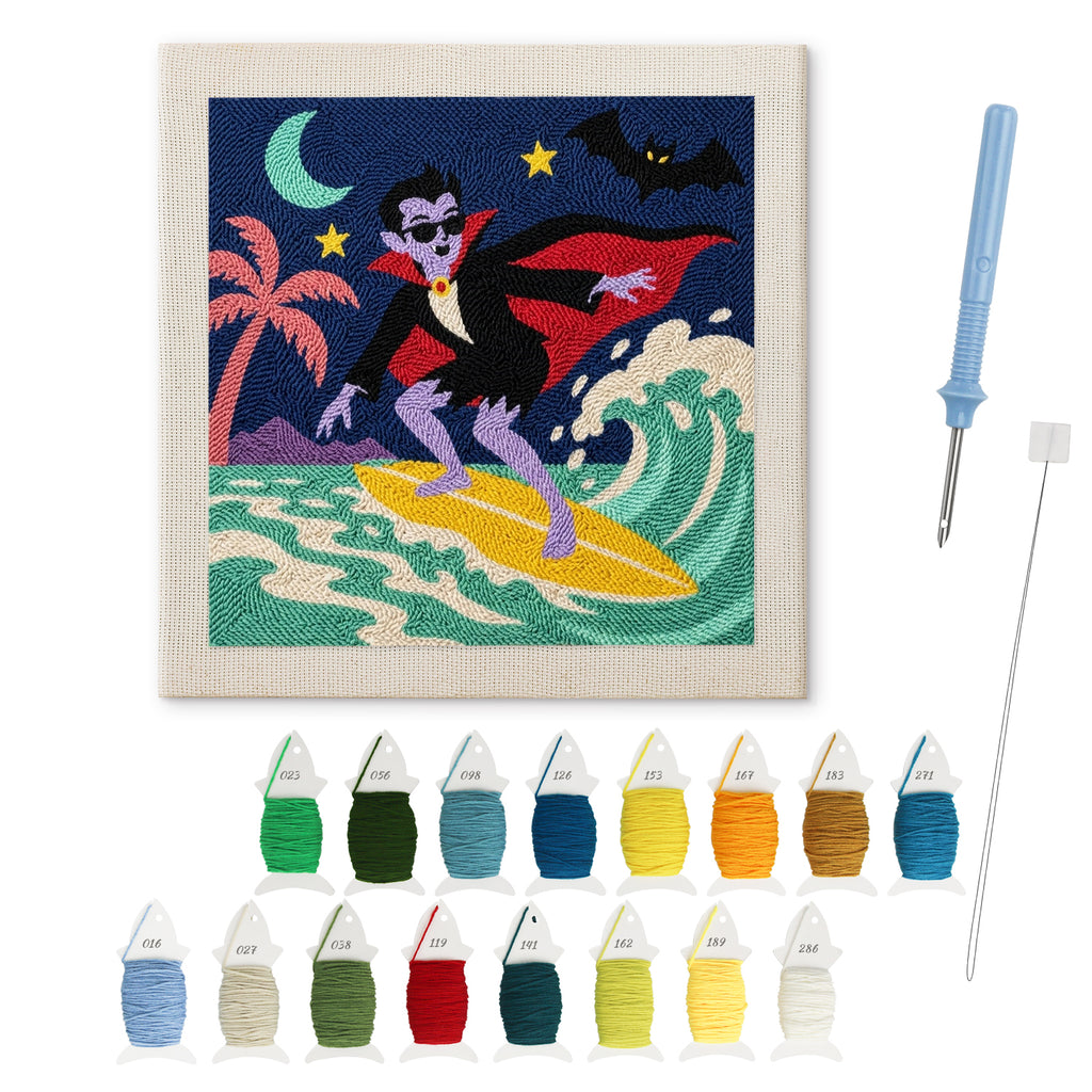 Surfing Vampire punch needle kit: finished canvas with threads, punch needle and threader
