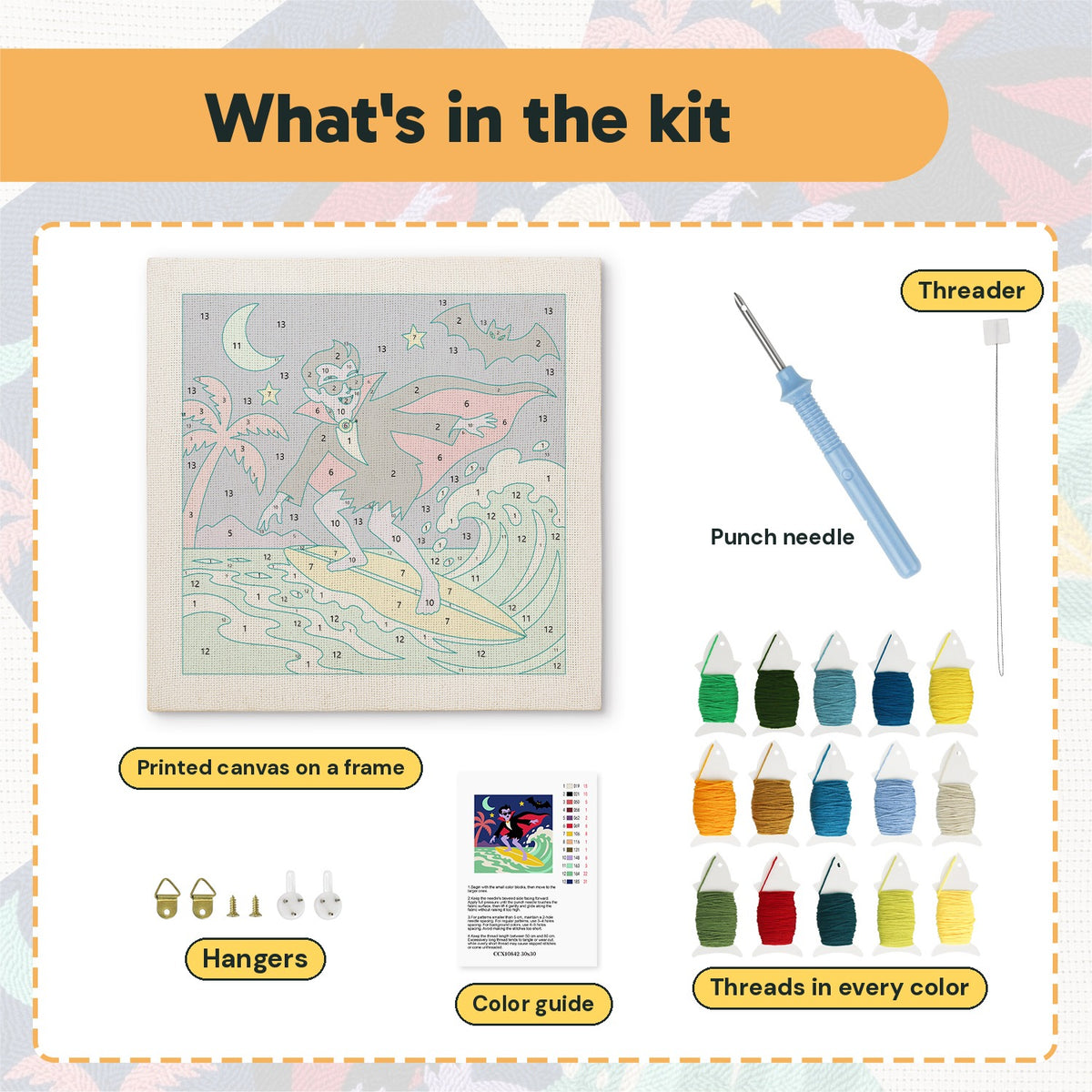 What is in the Surfing Vampire kit: printed canvas, punch needle, threader, threads, color guide and hangers