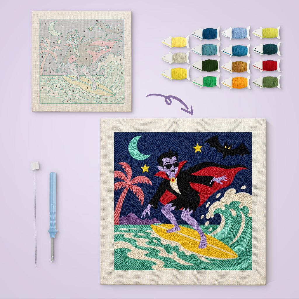 Surfing Vampire canvas before and after punching, with the threads and tools