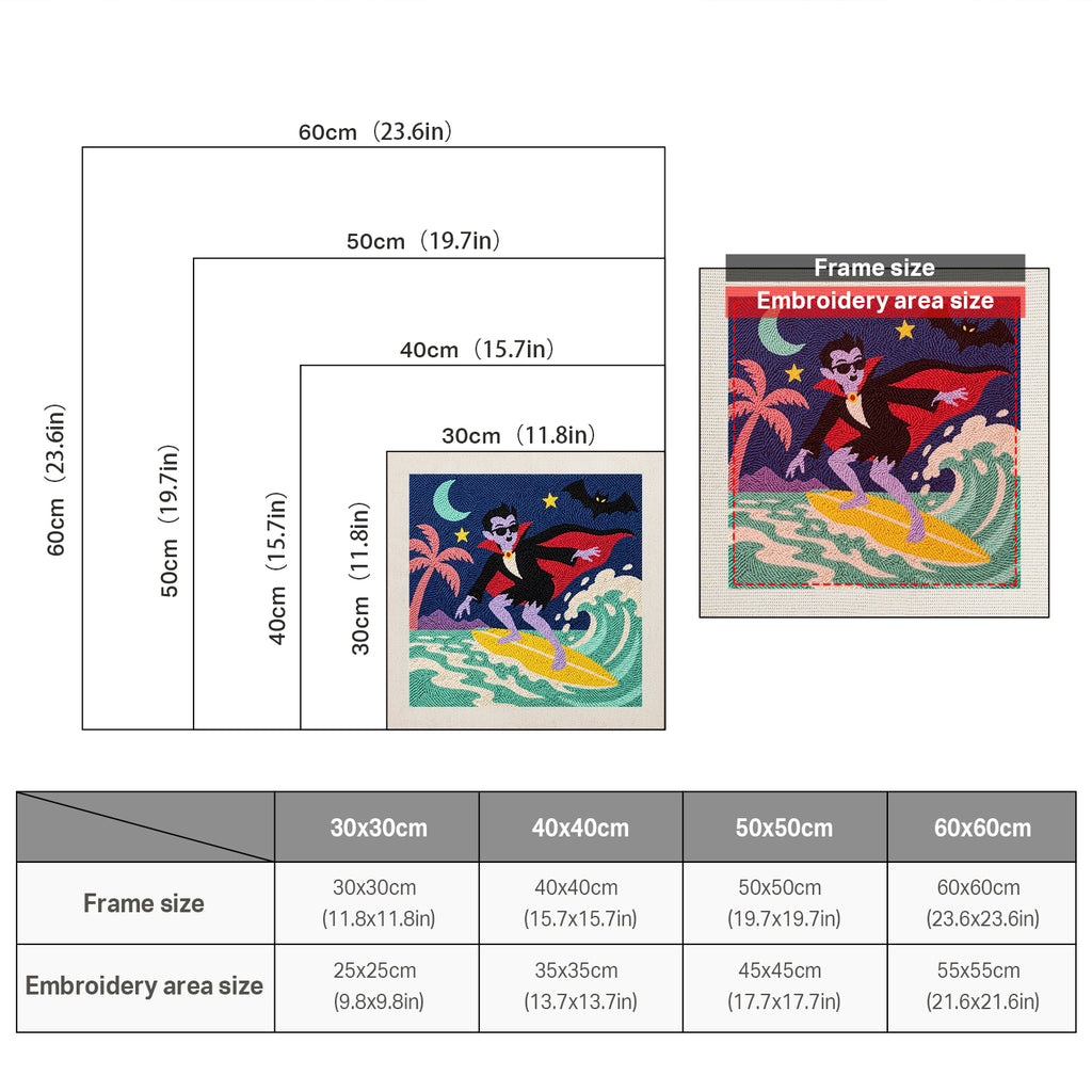 Size chart for square punch needle kits from 30 x 30 cm to 60 x 60 cm