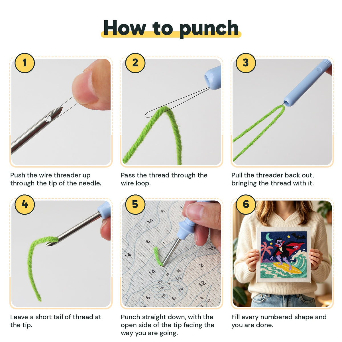 Six steps showing how to thread and use the punch needle
